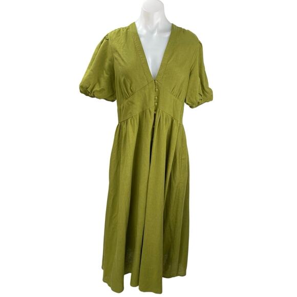 Nobody's Child Women's Green V-neck Short Puff Sleeve Midi A-Line Dress Size 8 - Picture 1 of 5